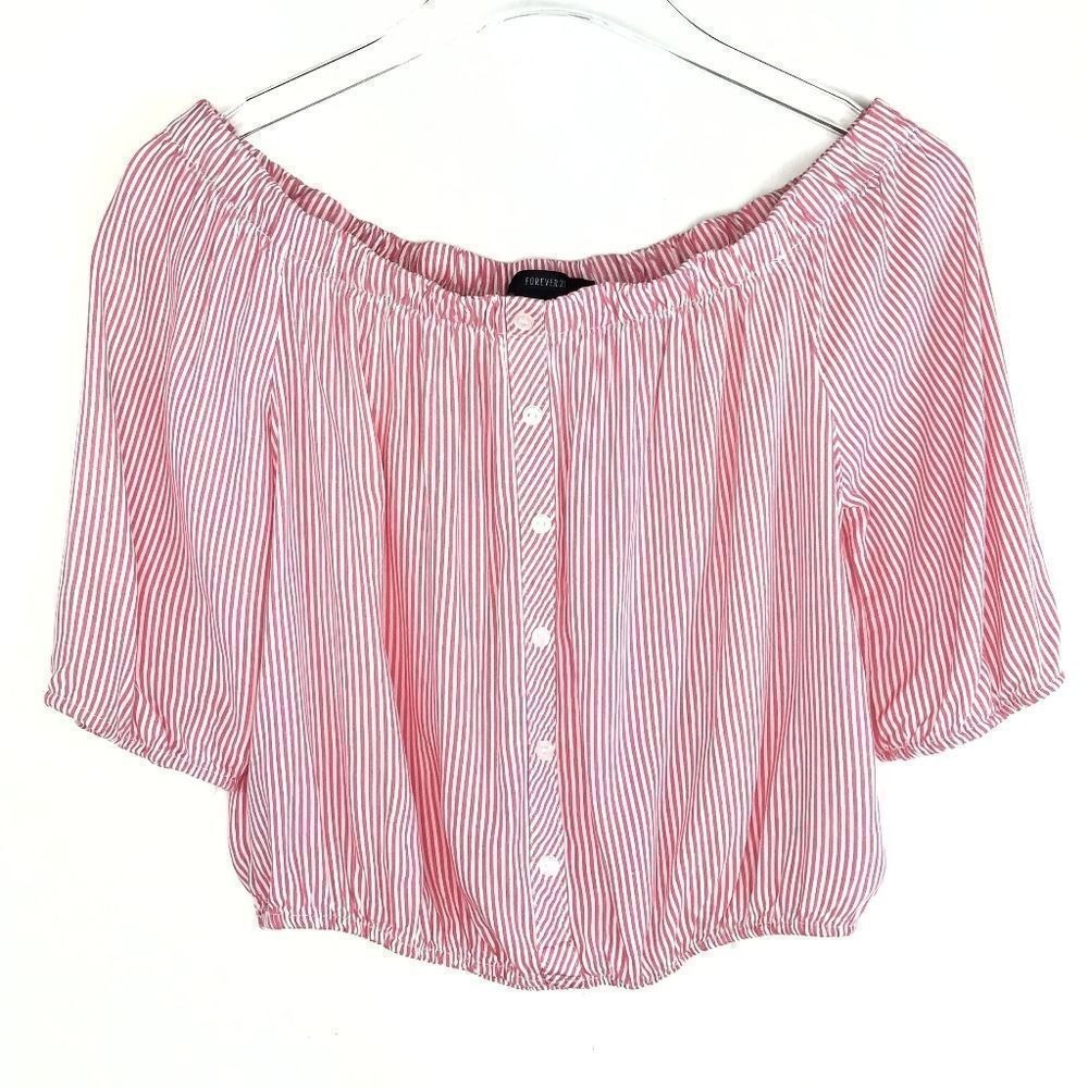 Forever 21‎ Womens Red White Striped Off Shoulder Button Front Crop Top Size M
